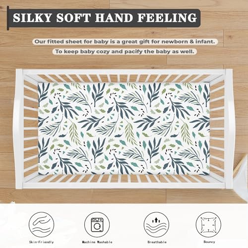Image of Tropical Leaves Baby Crib Sheets for Boys Girls Leaf Fitted Crib Sheet for Standard Crib and Toddler Mattress Blue Green Baby Mattress Sheets Toddler Bed Sheet 52x28x8 in