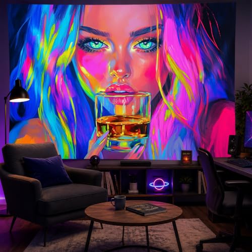 Image of BlissYard Neon Tapestries Cool Girl Anime Wall Tapestry Aesthetic Blacklight Tapestry UV Reactive Purple Tapestries Glow In The Dark Art Wall Hanging Poster Room Bedroom Party Backdrop Decor 78x59 In