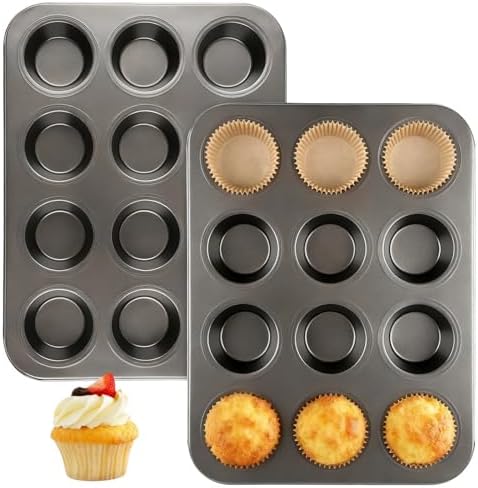 2 Pack Muffin Pan Set,12 Cup Nonstick Carbon Steel Cupcake Pan with 100 Liners,Standard Muffin Tin for Cupcakes and Baking Supplies