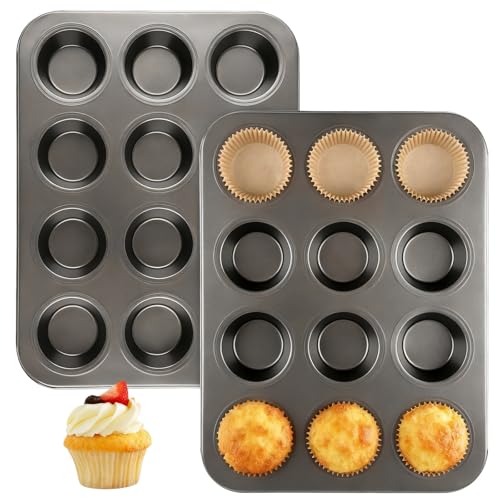 Artcochan 2 Pack Muffin Pan Set,12 Cup Nonstick Carbon Steel
