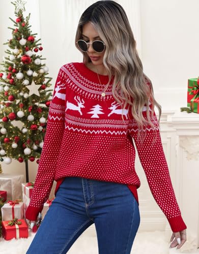 Image of Women's Fair Isle Pullover Sweaters Long Sleeve Crew Neck Loose Casual Christmas Tree Sweater Red X-Large