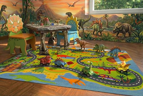 KC Cubs 5x7 Dinosaur Toy Car Dino Road Rug – Educational Play Mat Carpet for Kids, Toddlers, Nursery, Classroom, Playroom, Baby Daycare, Boys & Girls