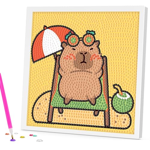 Image of PATPAT Diamond Painting Kit Capybara 7 Inch Wooden Frame DIY Craft for Kids | Creative Focus, Quiet Activity, Capybara Artwork, Wooden Display, Easy Setup for Home Crafting
