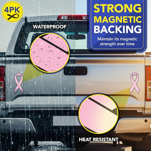 Image of Magnet Me Up Pink Ribbon Magnet 3.5 inchx7 inch Breast Cancer Awareness - 4 Pack, UV Printed Vinyl, Waterproof Car Magnetic Decal, Strong Hold, Ribbon Magnet for Car, Fridge, Crafted in USA