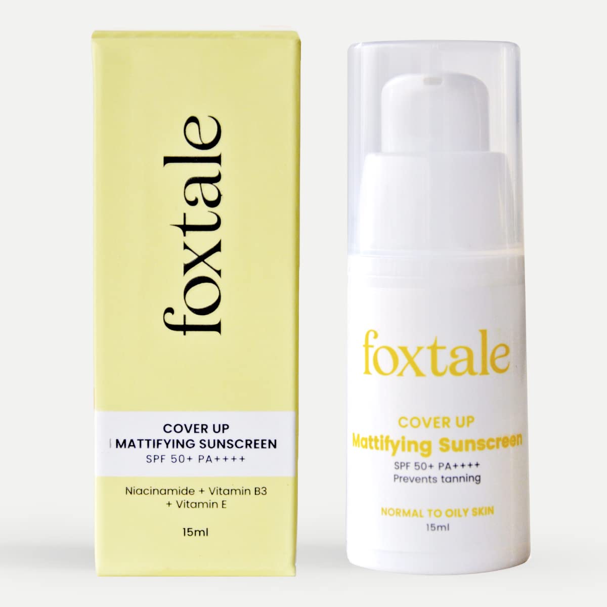 FoxTale CoverUp SPF 50+ PA++++ Broad Spectrum Matte Sunscreen with Niacinamide | Sun protects from UVA+UVB rays | Reduces Hyperpigmentation | Evens Skin Tone - 15ml