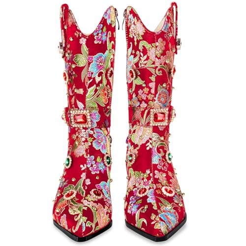 Image of LOCERICH Women Rhinestone Cowboy Sparkly Cowgirl Boots Diamond Western Floral Embroidery Mid Calf Booties