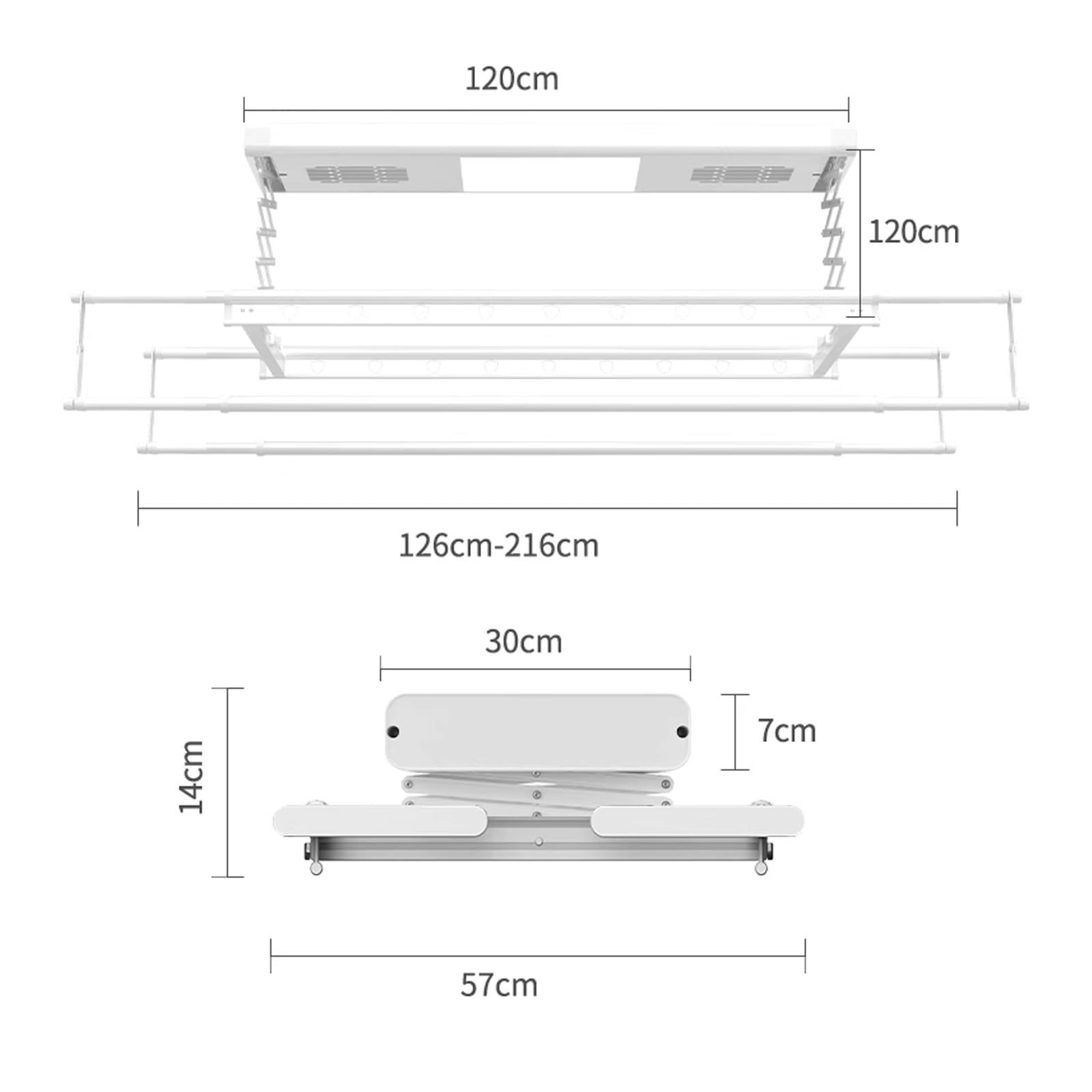 Tendedero eléctrico para Toallas de 120 cm, tendedero retráctil para Ropa de Interior para Colgar sábanas, tendedero de Techo con Capacidad de Carga de 35 kg., White