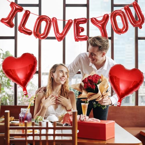 Image of I Love You Balloons Banner and Heart Shaped Balloon, Love Balloons Decorations for Him Her I Heart You Valentines Day Balloon for Valentine Day Romantic Wedding Anniversary Engagement Party Supplies