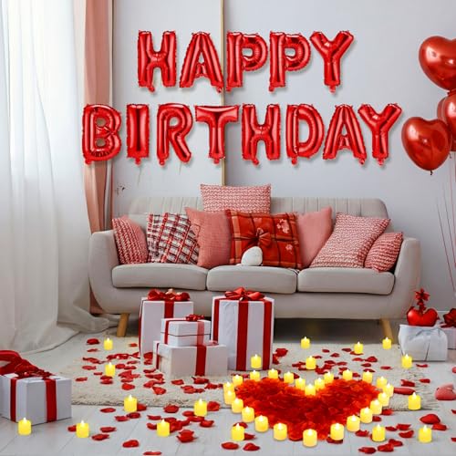 Image of Red Happy Birthday Balloons Decorations Happy Birthday Letter Balloons Banner Set with 24pcs Round Flameless LED Candles and 2000pcs Artificial Rose Petals for Women Men Room Party Decor