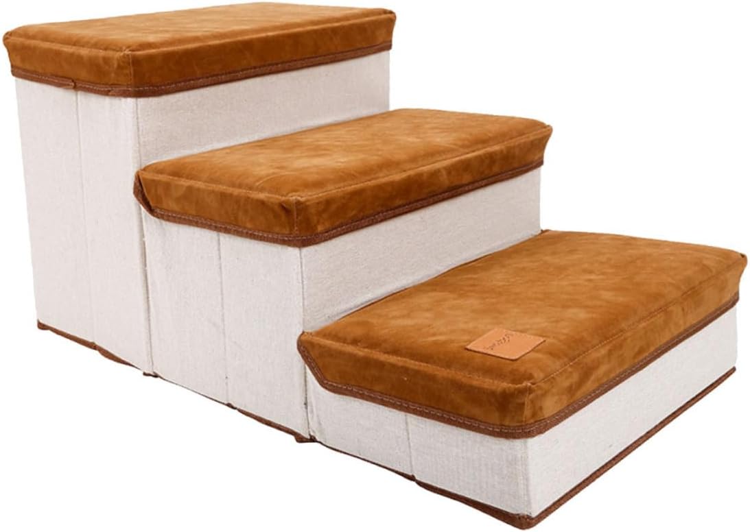 HOMSFOU Foldable Three-Step Pet Stair Ladder for Dogs Puppies with Storage Case Brown Compact Ramp for Indoor Use