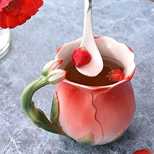 Europäischer Stil Emaille Keramik Kaffeebecher Kreative Rose Blume Form Teetassen Pastoral 4 Farben Frühstück Milchtassen Mit Löffel, Rose