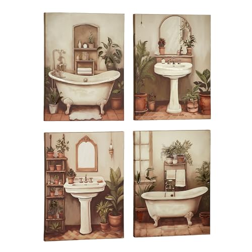 Bathroom Bliss Wall Art Set of Four | Handpainted Accents in Warm Neutral and Earth Tones | Vintage Clawfoot Tub & Pedestal Sink Designs Surrounded by Potted Greenery Plants | 4-pc Canvas Artwork Set