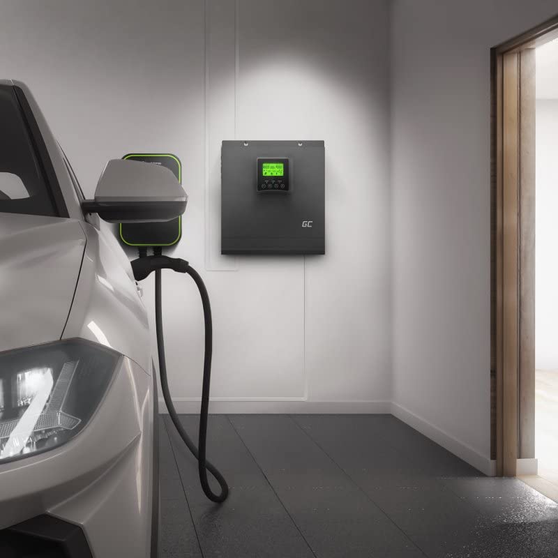 Green Cell Off Grid Inverter mounted on a wall, connected to an electric vehicle charging station.