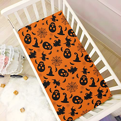 Image of Halloween Orange Bat Ghost Crib Sheets Soft Breathable Fitted Baby Crib Sheets Mattress Cover for Girl Boys, 52 inch x 28 inch x 9 inch