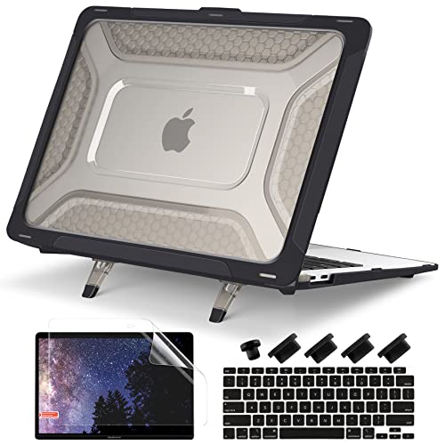 Batianda Protective Case for MacBook Air 13 inch 2021 2020 Release A2337 M1 A2179 A1932 Model Touch ID,Heavy Duty Honeycomb Hard Shell with Slim TPU Bumper and Fold Kickstand & Keyboard Cover, Black