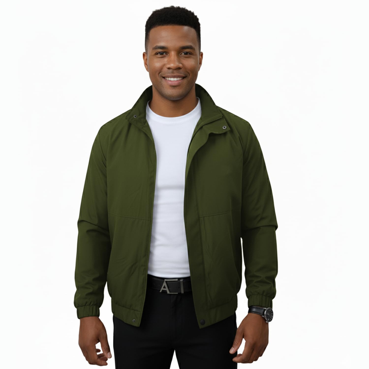NINQ Solid Green Polyester winter jacket for men | Regular Fit Full Sleeve Sports & Casual Wear | Stand Collar Zipper Closure Lightweight Outerwear with 2 Pockets