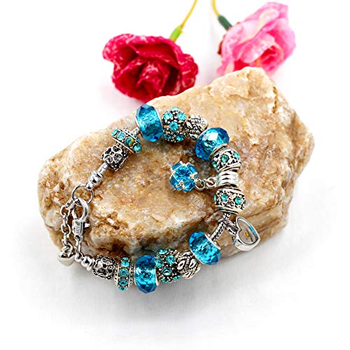 Uloveido Adjustable Charms Strand Bracelet For Womens Silver Plating Bangle Rhinestone Crystal Snake Chain Vintage Silver Color Y934-1(Blue) #TOP4