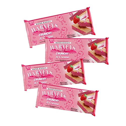 Image of Harveys Crunchy & Creame Premium Strawberry Wafer Biscuits | Pack of 4 | 150g x 4 | Strawberry Flavoured Crunchy, Creamy & Healthy Wafers