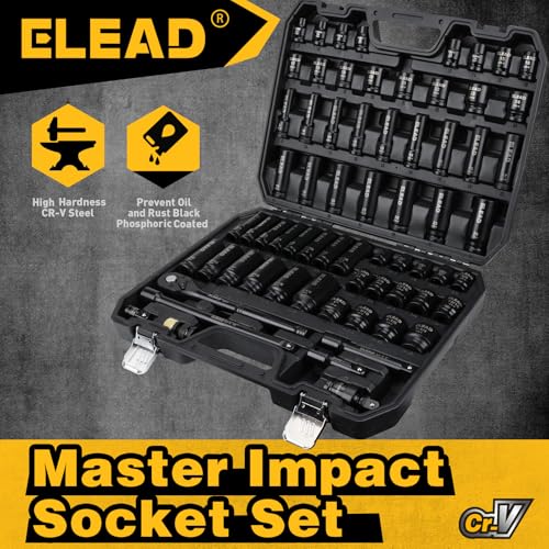 ELEAD 67 Piece 1/2" Drive Deep Impact Socket Set: Standard SAE (3/8"-1-1/4") & Metric (8-24 mm), Including 3 ", 5", 10" Extension Bar, Universal Joint, Ratchet Handle and Adapter thumbnail 3