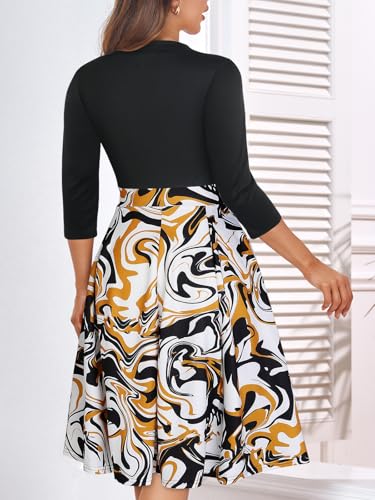 Image of YATHON Womens Elegant Print Notched Neck Slant Pocket Pleated Hem Casual A-Line Dress