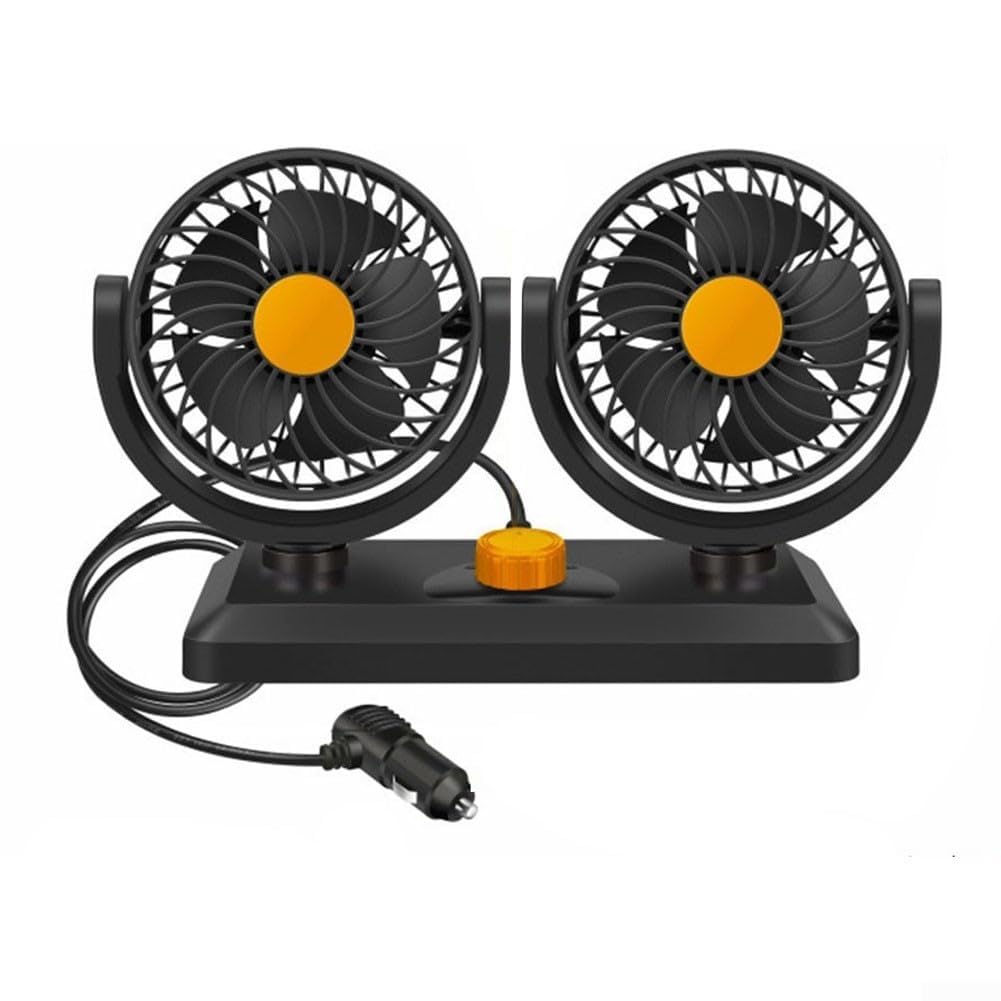 Ventilador de coche de doble cabezal alimentado por USB, compatible con 5 V, 12 V, 24 V, 2 ajustes de velocidad ajustables y cabezales de ventilador giratorios de 360 grados para una refrigeración