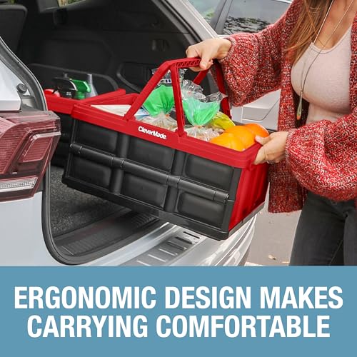 Image of CleverMade Collapsible Shopping Basket 32L - Folding Grocery Basket with Handles, Stackable Reusable Storage Crate with 35 lb Capacity, Recycled Plastic, Car Trunk Organizer - Red