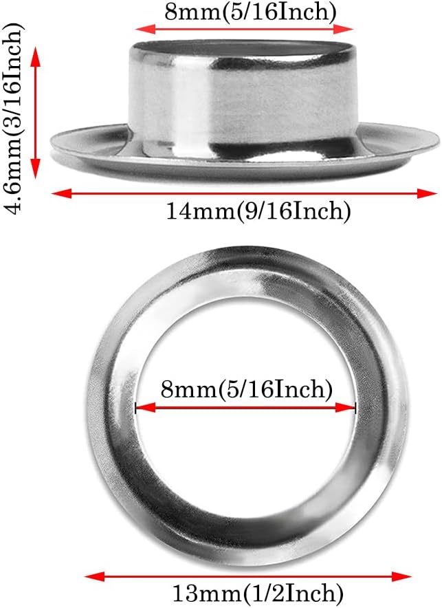 110 Sets 5/16 Inch Sewing Grommets Eyelets Stainless Steel with Washers Tool Kits for Shoes, Bead Cores, Clothes, Leather, Canvas, Banner (8mm Silver) Silver ?8x14mm Kits