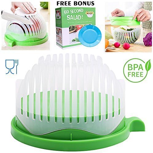 Salad Cutter Bowl 60 Seconds Salad Maker, Salad Slicer Chopper Fruit Vegetable Strainer, Food Grade, Multi-use (White with Green)