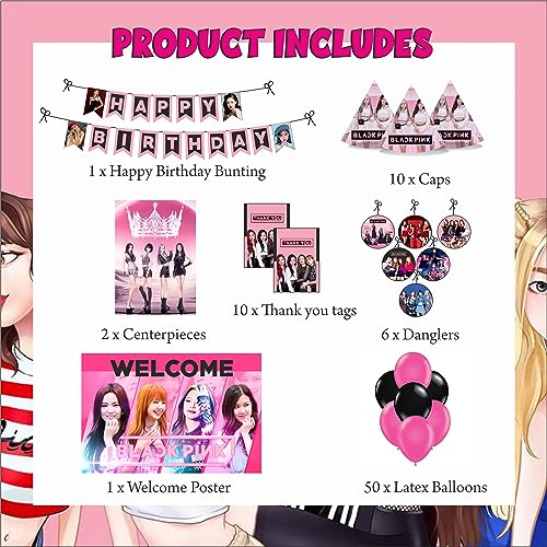 Image of PRETTY UR PARTY BlackPink Party Decorations Kit-80 pcs Include Bunting, Poster, Balloons, Thank You, Centerpiece, Danglers Caps, Party Supplies, K-Pop Birthday Decor, DIY Bday Decoration for Kids