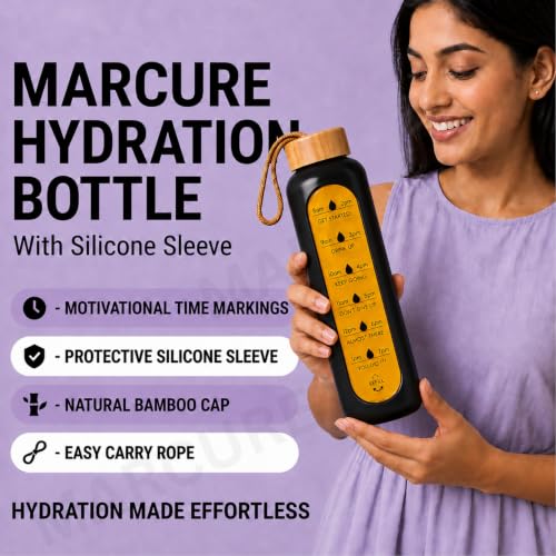 Image of Borosilicate Glass Water Bottle with Silicone Sleeve | Natural Bamboo lid | perfect for Home, Fridge, Office, Gym, Travel | BPA Free | Black