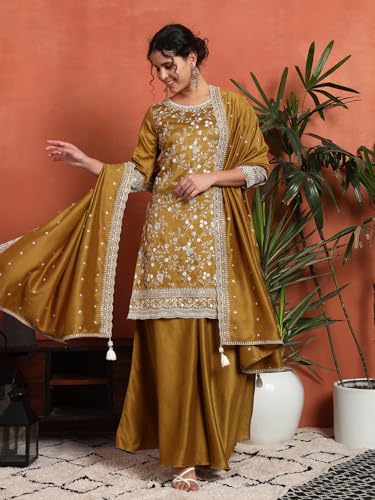 Image of SHOPPING QUEEN Women's Silk Blend Embroidered Kurta and Palazzo Set