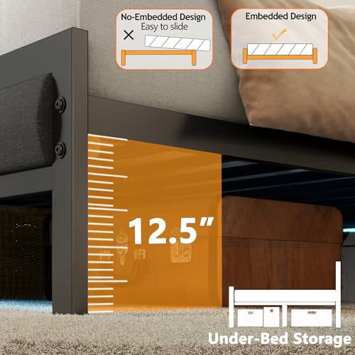 Furnulem King Size Bed Frame with Headboard, LED Light and Charging Station, Metal Platform Bed with Heavy Duty Slats, No Box Spring Needed, Noise Free & Easy Assembly