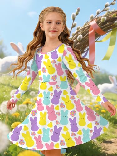Image of Ithalt Girls Easter Dress Bunny Print Shirts Easter Long Sleeve Dresses Litter Girls Christian Easter Gifts 5-12y