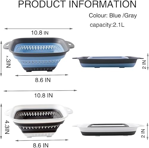 Miniatura 9 de Juego de coladores plegables, cuadrados y triángulos, colador de cocina de silicona, perfecto para drenar pasta, verduras, frutas, 2 piezas (10.8