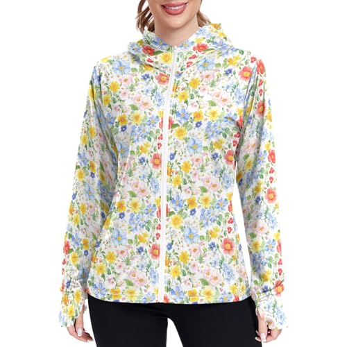 Womens Sun Protection Hoodie Jacket Lightweight Zip Up Jackets for Women UPF 50+ Clothing for Hiking Golf Cycling XL Colorful Wildflowers