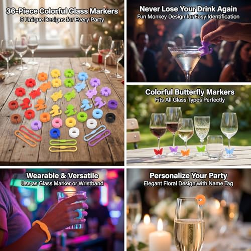Miniatura 7 de Aohyue 36 Piezas Marcadores De Copas De Vino, Silicona Reutilizable Identificadores Para Fiestas, Anillo De Colores Y Formas Variadas Para Cóctel Y Champán