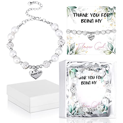 Yinkin 2 Sets Flower Girl Bracelet Wedding Set 2 Proposal Wristbands 2 Cards 2 Box with Raffia Heart Charm Wristbands Gift Thank You for Being My Flower Girl