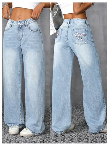 WDIRARA Women's Bowknot Embroidery Y2k Jeans Straight Leg Cute Denim Pants4