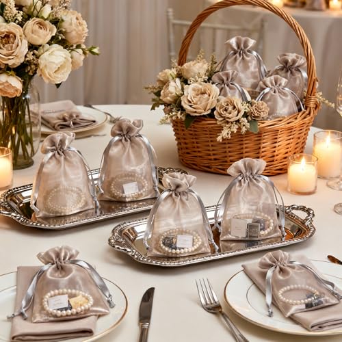 Image of QIANF 20 Pcs Champagne Small Organza Bags 4X6 inch for Wedding Favors with Drawstring, Mini Mesh Gift Bags Jewelry Pouch for Candy Bridal Shower Party Favor Baby Shower Christmas