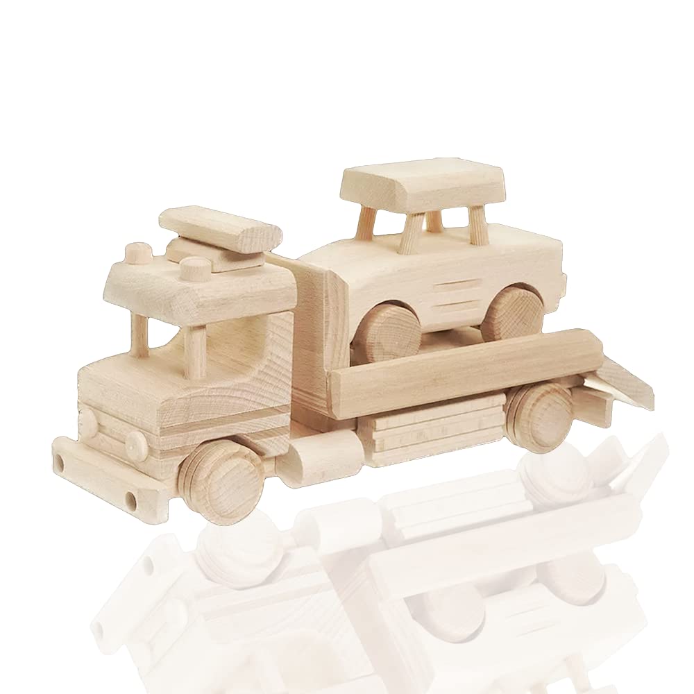 Wooden Towing Truck Toy with Wooden Car - Tow Truck - Sturdy Toy Vehicle for Toddlers - DIY Toys - Semi Trailer Truck Prepared for Paint - Wooden Trucks