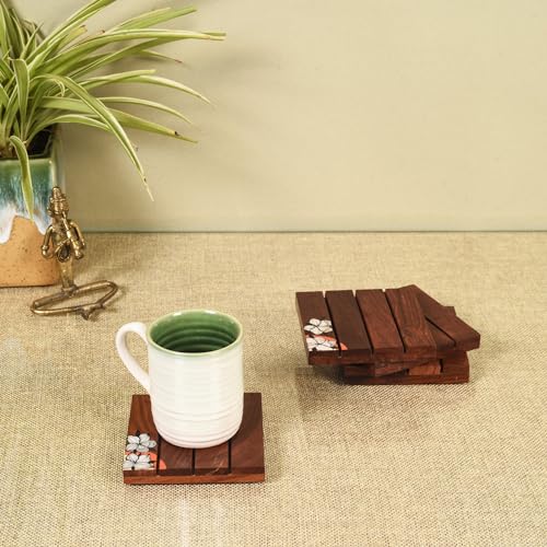 Image of AAKRITI ART CREATIONS Blossom Breeze Coaster | Wooden Coaster Set of 4 | Decorative Coaster Matte Finish | Floral Art Wooden Handcrafted Coasters | Brown Wooden Coaster Set, Hand Painted