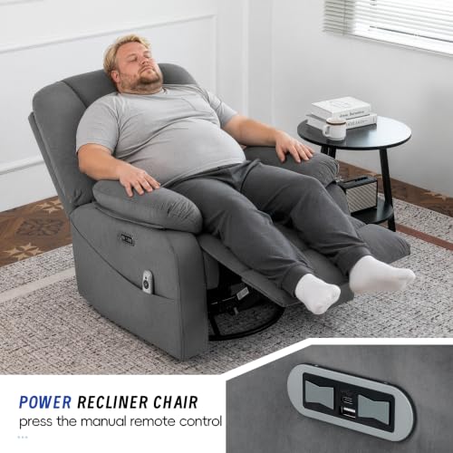 Image of Power Swivel Rocker Recliner Chair for Adults, Electric Rocking Recliner with Massage and Heat for Living Room Bedroom, Fabric Reclining Sofa Chair with USB and Type-C Ports,Gray
