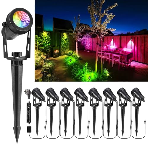 Greenclick Gartenbeleuchtung RGB 8er Set 3W 27M led Gartenleuchte mit Erdspieß Warmweiß,Gartenstrahler mit Stecker,Gartenlampe mit Kabel IP65 Wasserdicht Spot für Außen Rasen Weg Outdoor