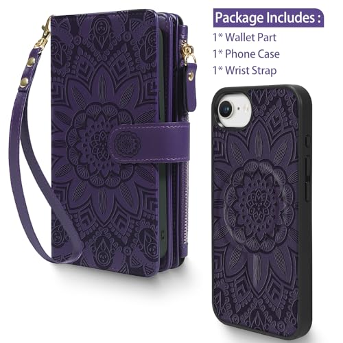 Harryshell 2 in 1 for iPhone 16e 17e Wallet Case Magnetic Compatible with Magsafe RFID Blocking Card Holder Detachable Phone Cover Zipper Purse Kickstand Wrist Strap for Men Women Floral Purple - image 7