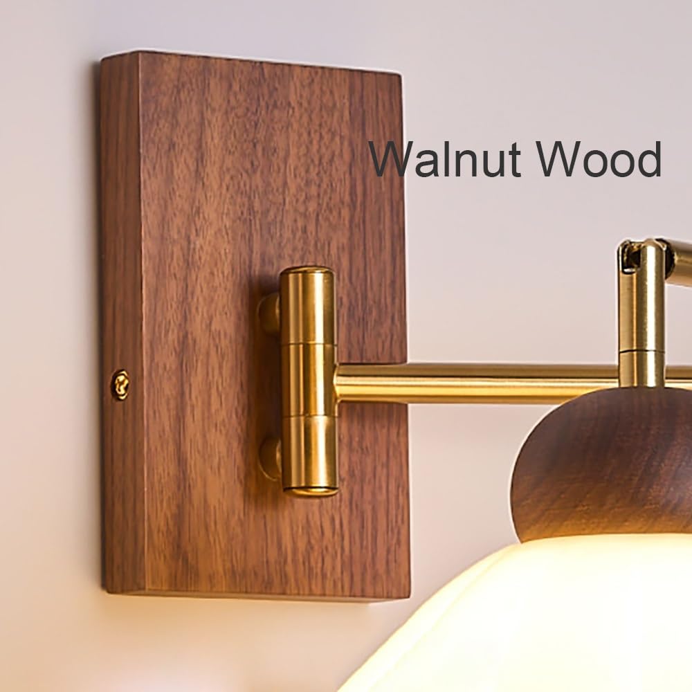 Lampy Ścienna Ramię Obrotowe Vintage Szklana Kopuła, Kinkiet Podstawa Drewno Styl Rustykalny Regulowany Oświetlenie Ścienne Sypialnia(18cm/7.08in)