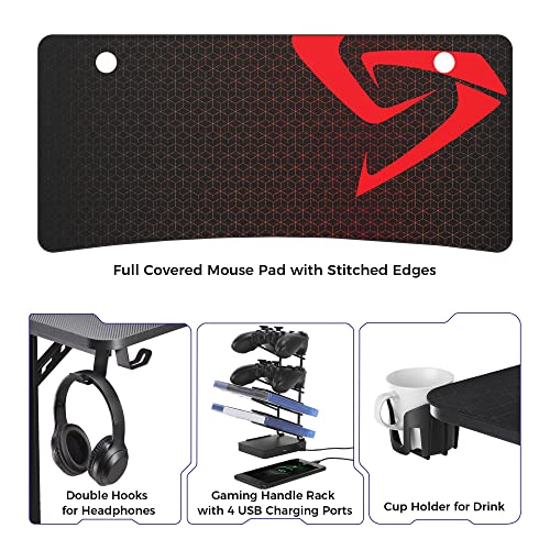 It's_Organized Gaming Desk, 60 Inch Computer Desk Carbon Fiber Surface Gamer Desk With Free Mouse Pad, T-Shaped Professional Gaming Table With Usb Gaming Rack, Cup Holder & Headphone Hooks, (Black) #TOP6