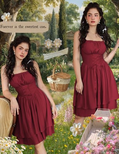 Image of Scarlet Darkness Corset Mini Sundress Chiffon Homecoming Dress for Women | Slim Straps, Ruched Neckline, Lace-Up Front, Layered A-Line, for Graduation Cocktail Party, Fairy Costume with Pockets