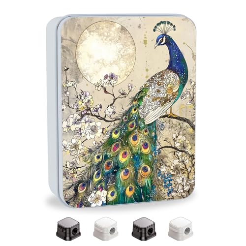 Image of Metal Tin Box with Lid,Multi-functional Storage Large Box Can Store Tea Biscuits Game Cards, Playing & Tarot Cards-Comes with 4 Magnetic Cord Clips,Peacock by Moon