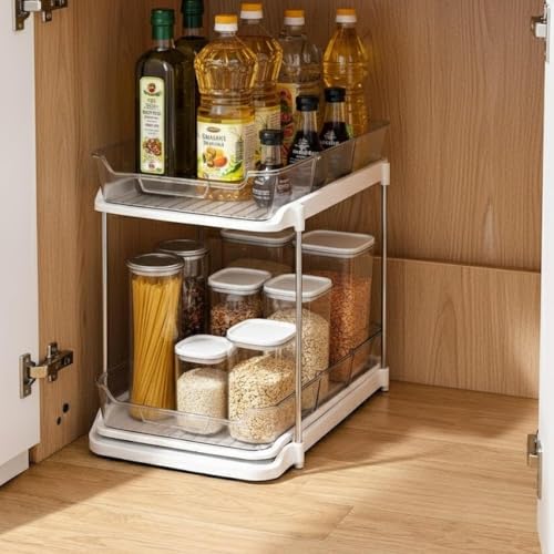 Image of Xmart India 2 Tier Under Sink Organizer, Pull Out Cabinet Storage Rack with Sliding Drawers & Hooks, Kitchen Cabinet Organizer, Bathroom Storage Shelf, Pantry & Laundry Organizer (2, Clear)