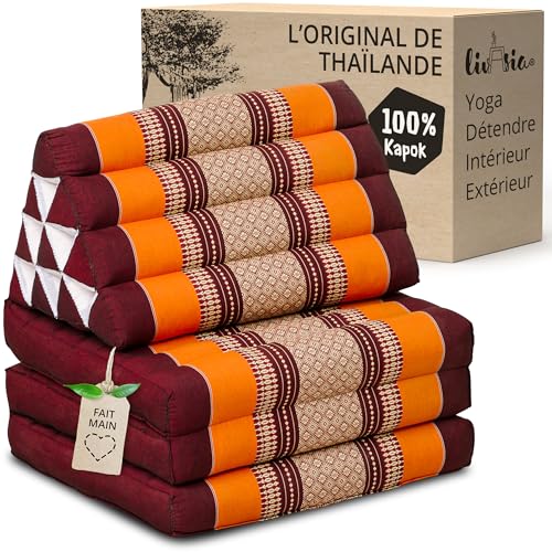 livasia Coussin thaï à 3 Blocs - 175x50x8cm - Coussin Triangulaire avec Matelas Pliable, Coussin en biseau kapok, Coussin de Soutien Dorsal Pliables, Tapis...